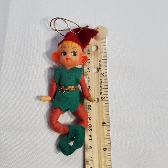 Vintage Pixie Elf Elves Christmas Ornament With Green Felt Outfit Red Hat 1950's - Picture 3 of 5